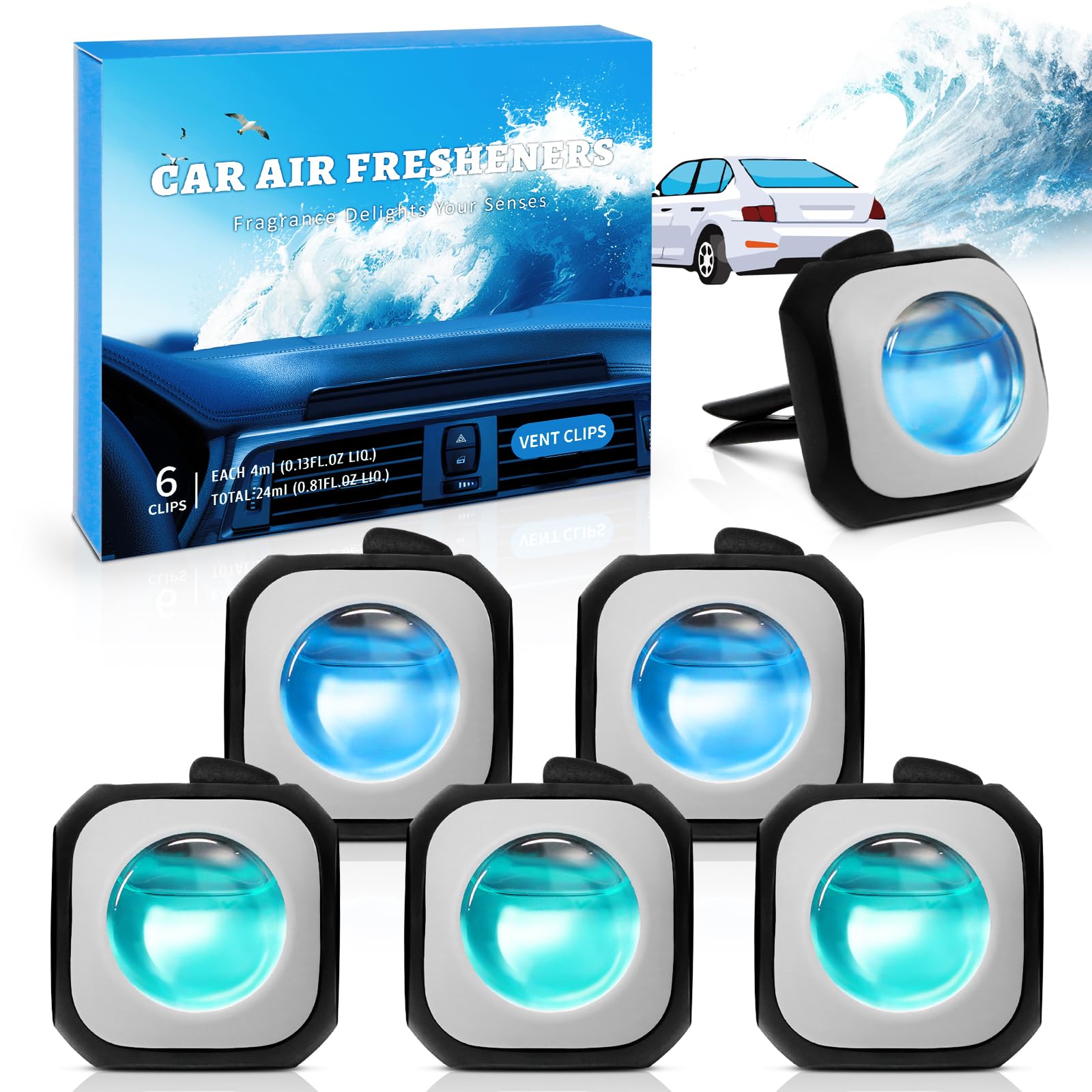 SCENTORINI Car Air Freshener, Vent Clip, New Car Smell for Men, Cars Perfume, Cars Essentials for women, 2 Fragranc - Sea Breeze & New Car, 6 Pack