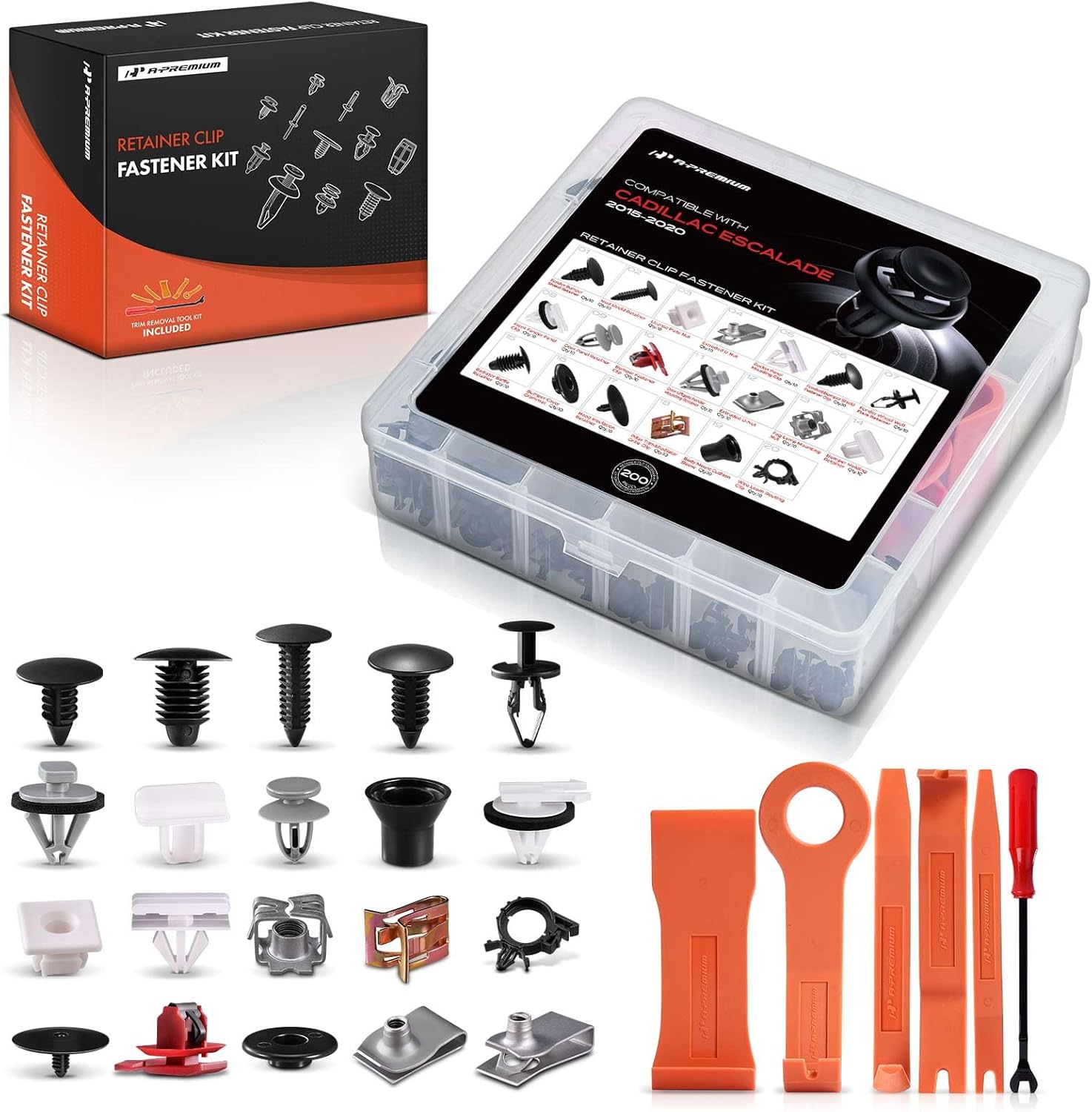 A-Premium 200PCS (41.12 oz/20 Sizes) Bumper Retainer Clips w/Removal Tool Compatible with Cadillac Escalade 2015-2020 Fender Fasteners Assortment Grille Hood Clips Door Trim Panel Push Pin Rivets