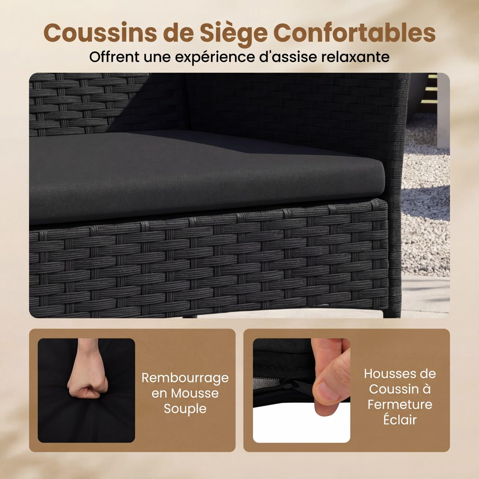 COSTWAY Ensemble Salon de Jardin 4 Pièces en Résine, Mobilier d'Extérieur avec 2 Fauteuils Canapé 2 Places Table Basse Plateau en Verre Trempé Coussins Amovibles, pour Terrasse Jardin (Noir+Noir)