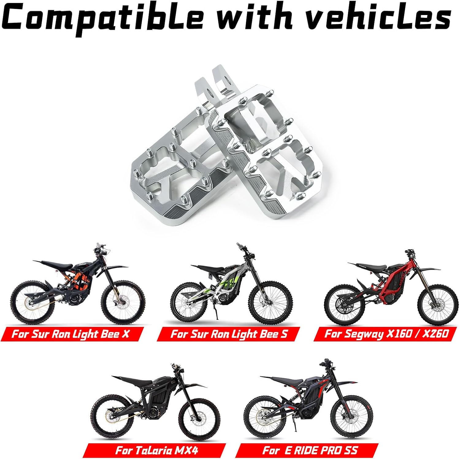 Dirt Bike Foot Pegs for Ebike Surron Light Bee X S, Color Prickly Peg,Motorcycle Aluminum Alloy Pedal for Segway X160 X260/Talaria X3 X4/E Ride PRO SS,Silver Body with Silver Spikes