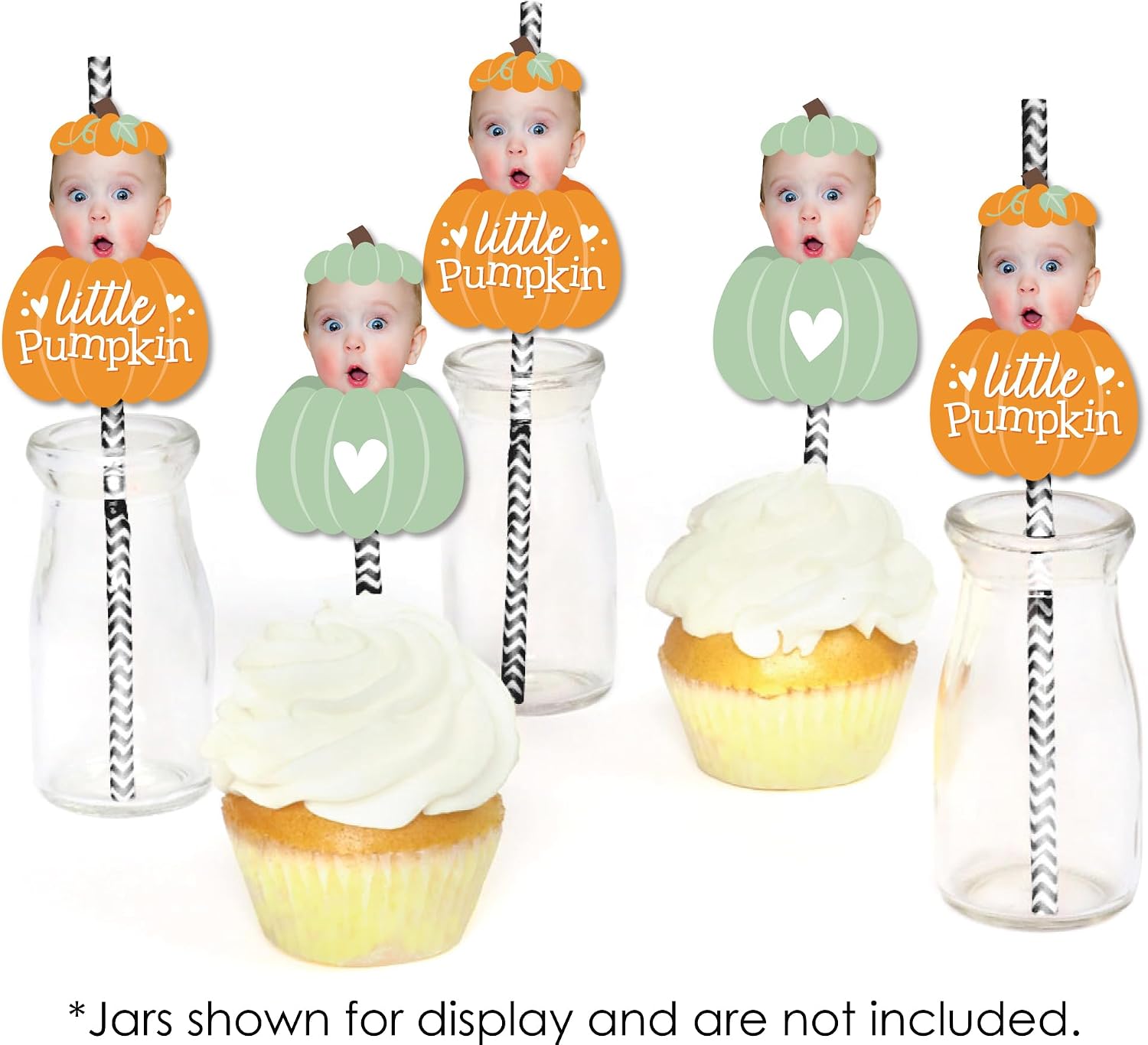 Big Dot of Happiness Custom Photo Little Pumpkin - Fall Birthday Party Fun Face Paper Straw Decor - Set of 24