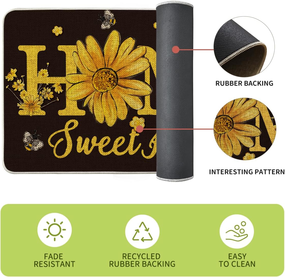 Artoid Mode Black Bee Sunflower Daisy Home Spring Kitchen Mats Set of 2, Summer Home Decor Low-Profile Kitchen Rugs for Floor - 17x29 and 17x47 Inch