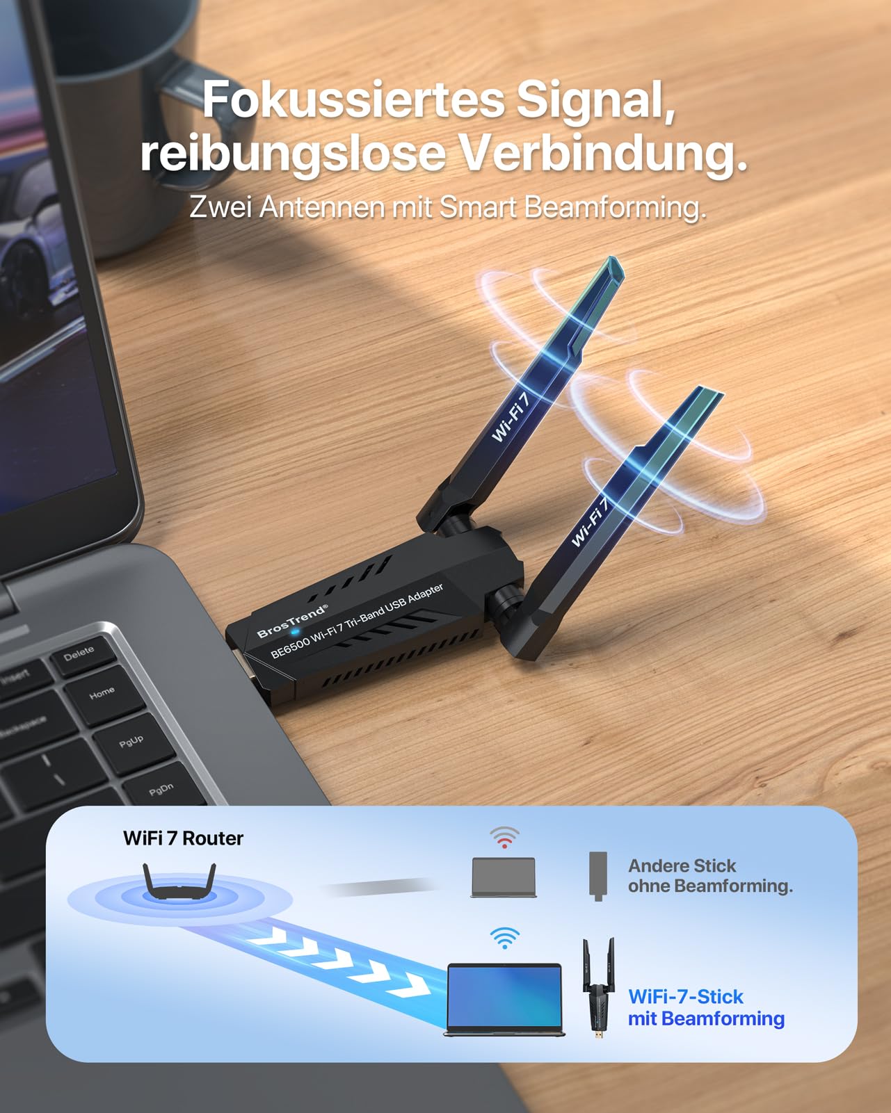 BrosTrend WiFi 7 BE6500 USB WLAN Stick für Windows 11/10 Hohe Reichweite | Tri-Band 6GHz / 5GHz / 2,4GHz WLAN USB Adapter für PC, Geringe Latenz für Gaming, 4K-QAM, WPA3, OFDMA, Integrierter Treiber