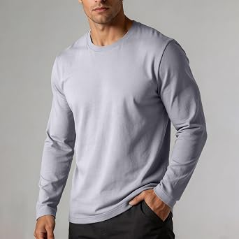Mens Long Sleeve Tee Shirts Casual Round Neck Solid Tops Athletic Clothes