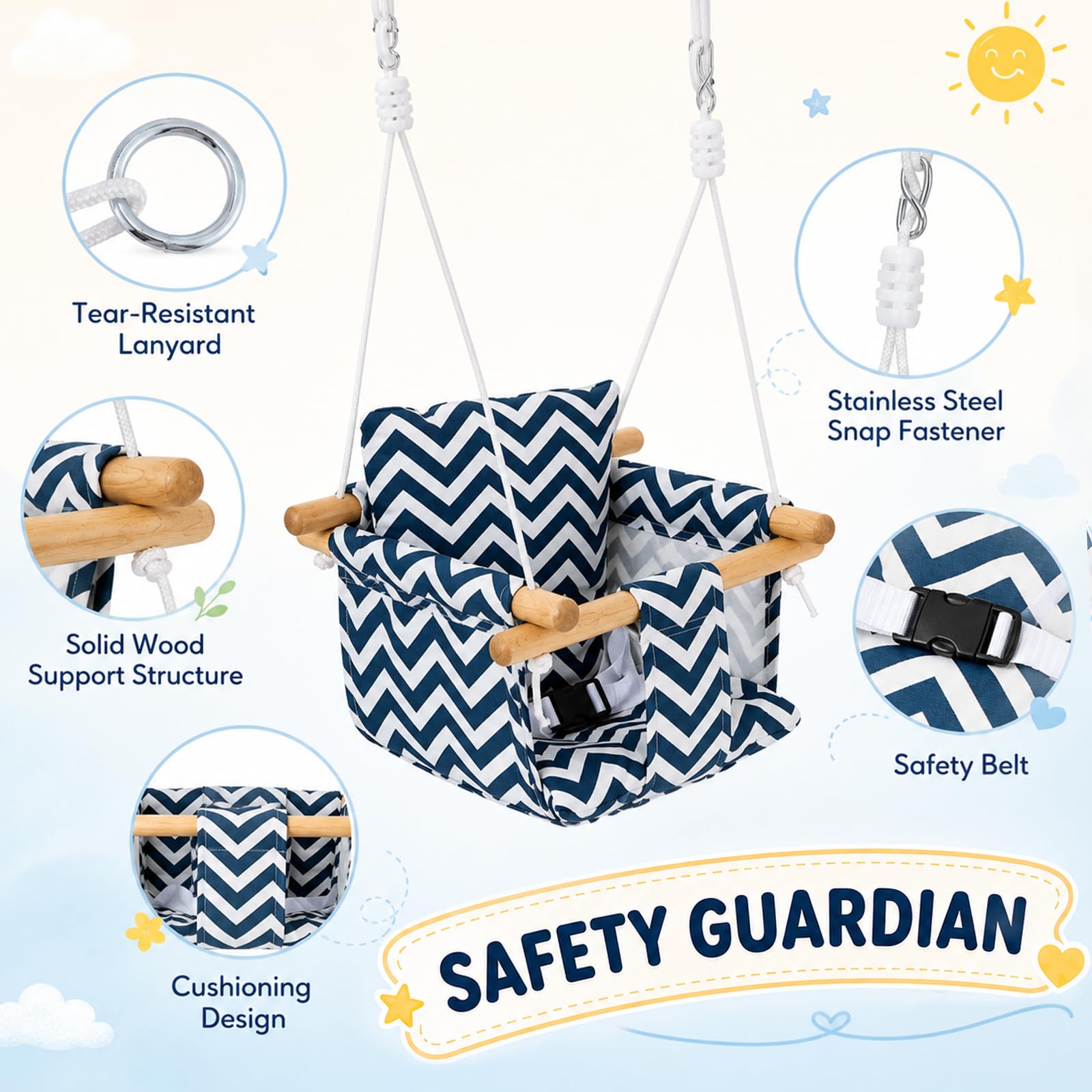 Columpio infantil de madera con cinturón de seguridad, con hebilla de seguridad, altura regulable, para interior y exterior, para marco de puerta, columpio de madera para bebés y niños de 6 meses a 3