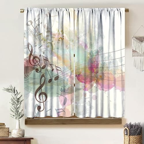 Miniatura 31 de Cortinas de notas musicales, melodía geométrica rural retro, arte nostálgico medieval, arte abstracto marrón degradado, decoración del hogar