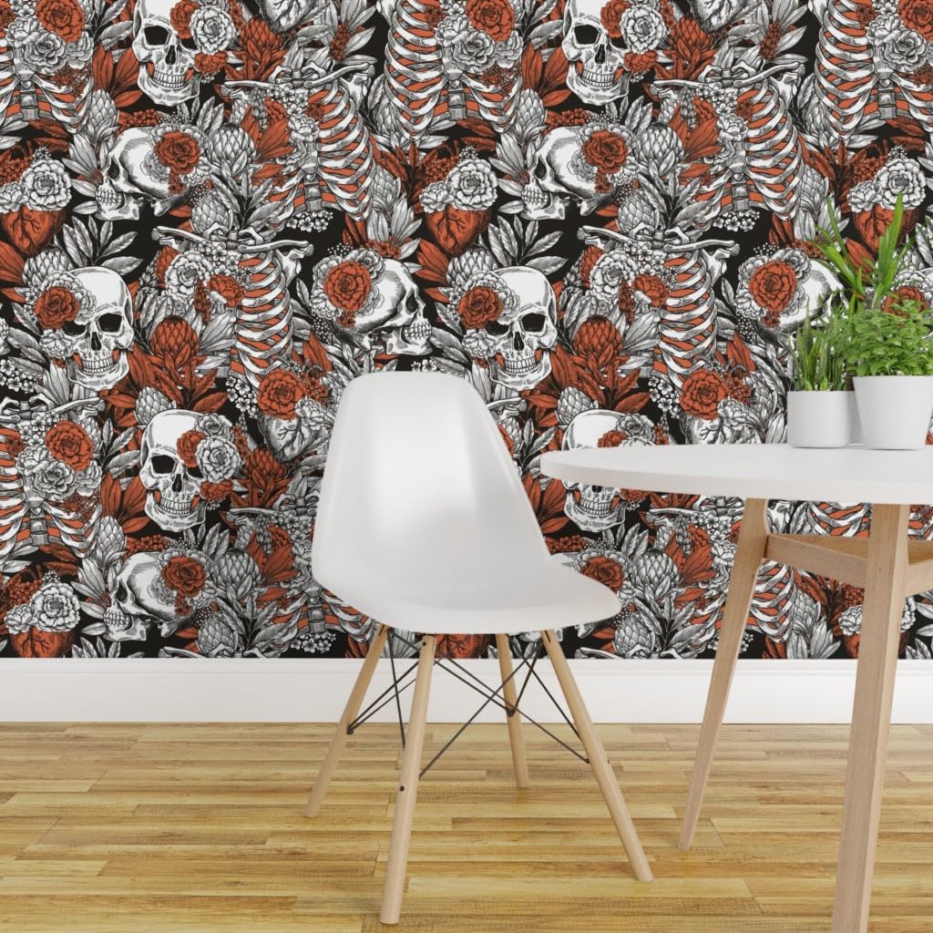 Spoonflower Removable Wallpaper 3ft x 2ft - Vintage Anatomy Halloween Dark Gothic Skull Medicine Flower Custom Pre-Pasted Wallpaper