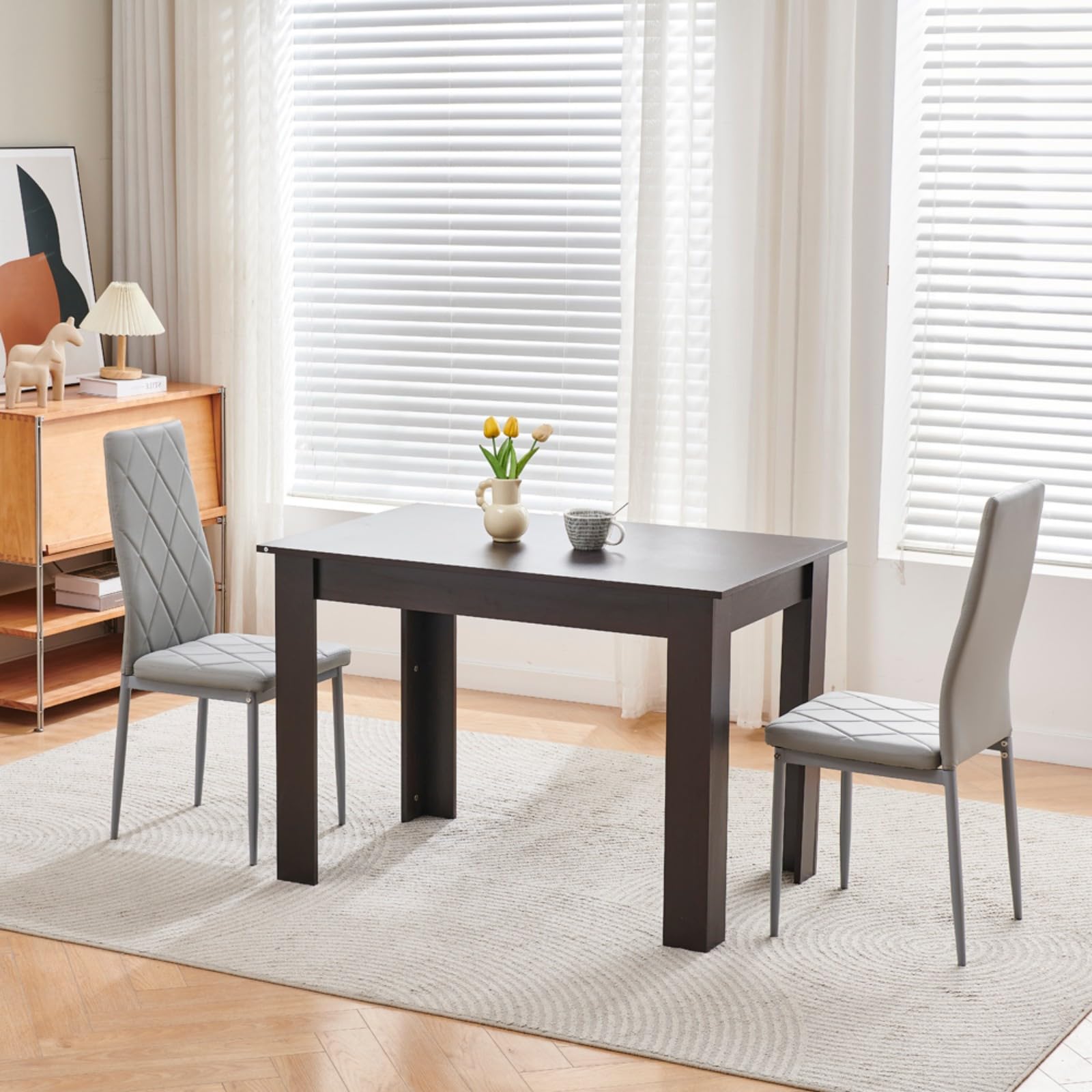 Homullel 110cm Dining Table and 2 Chairs, 2 Seater Kitchen Table and Chairs Set for Space Saving, Dining Room Set for 2, Black (2 Seaters, PU Gray #2)