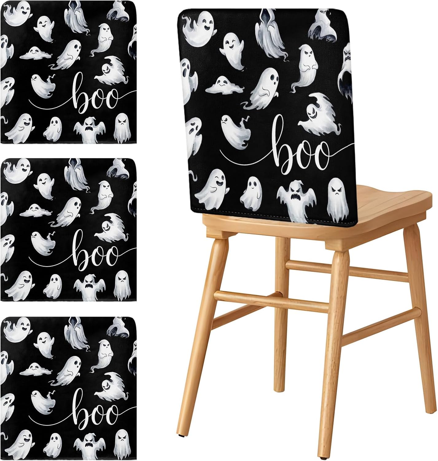 LooPoP Halloween Chair Covers Set of 4 Boo Ghost Chair Slipcover Protector Removable Stretch Chair Covers Cute Scary Spooky Chair Back Covers for Dining Chairs Kitchen Dinner Party