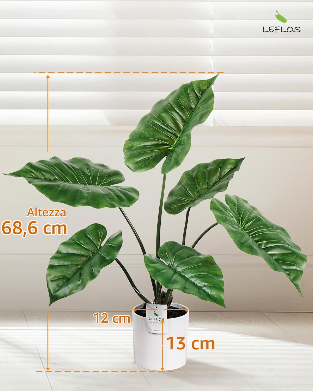 68cm pianta artificiale di Monstera per interni, pianta artificiale di foglie di alocasia in vaso bianco, deco per soggiorno, ufficio, festival & festa