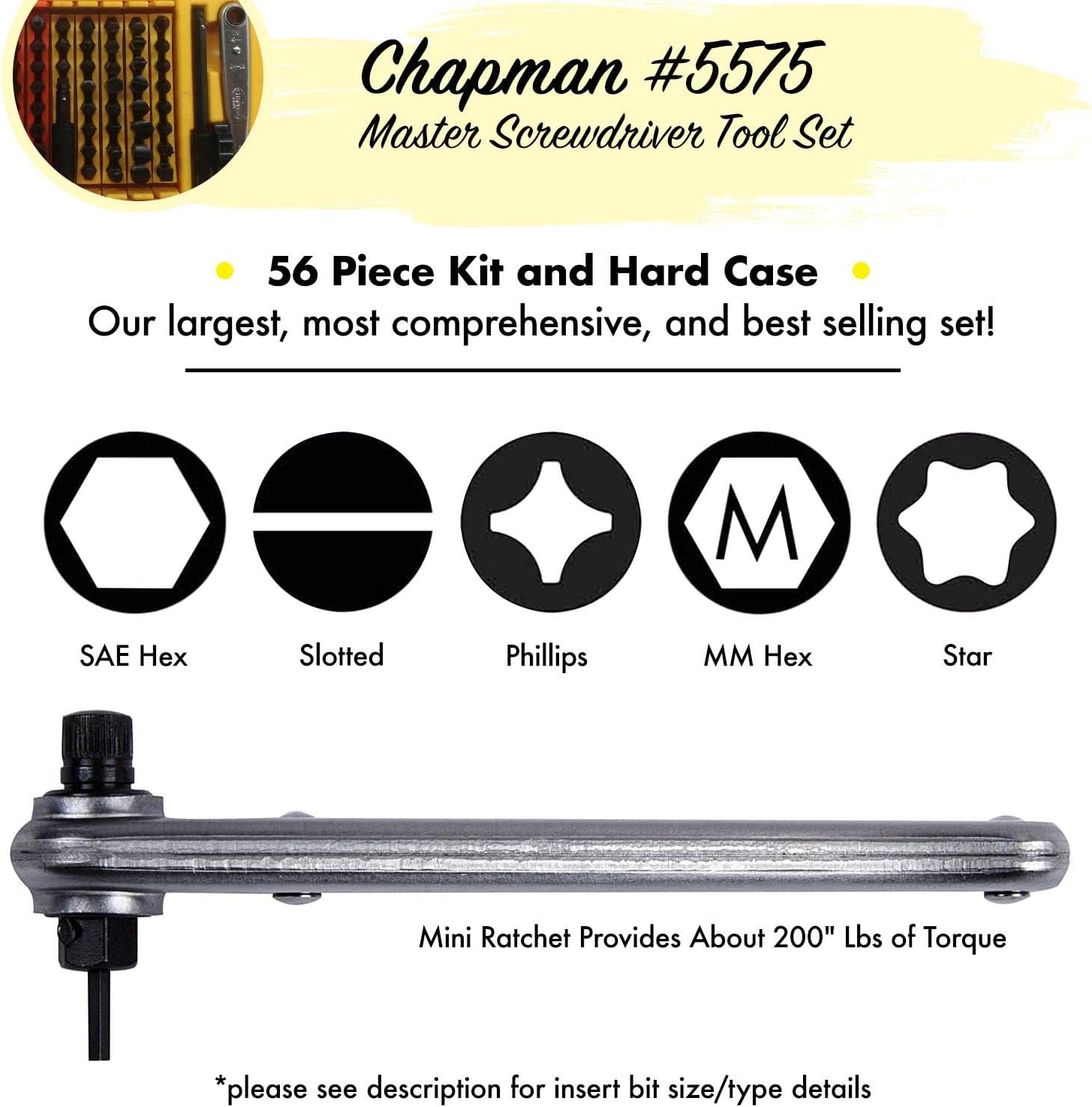 Chapman MFG 5575 Master Screwdriver Set - Includes Phillips, Metric, Slotted, SAE & Metric Hex Bits, Star Bits (for Torx Screws) - Complete Set Offers 51 USA Made Insert Bits & 300+ Combinations
