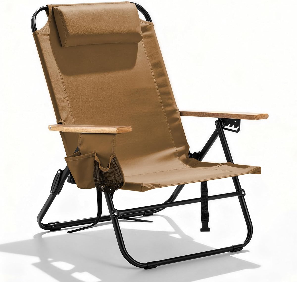 Premium Portable Camping Chair 5-Position Recliner Beach Folding Lightweight Outdoor Chair with Wooden Armrests, Headrest, Multi-Pockets Heavy Duty 350lbs, for Patio, Backyard, Brown
