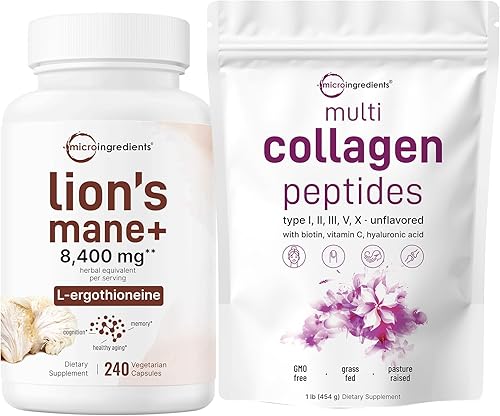 Micro Ingredients Polvo de proteína de colágeno múltiple de 16 onzas y suplemento de melena de león, paquete de 240 cápsulas vegetarianas, paquete