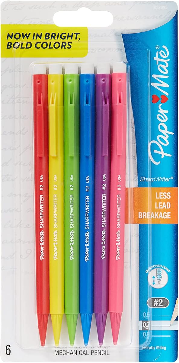 Paper Mate Sharpwriter Mechanical Pencils, #2 Lead, 0.7 mm, Assorted Barrel Colors, Pack Of 6