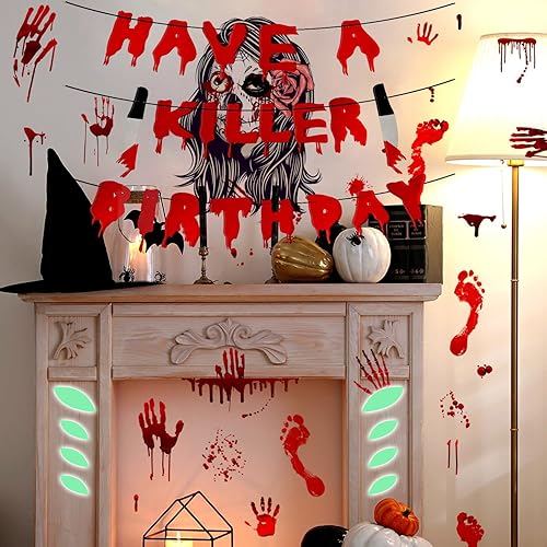 Miniatura 1 de Juego de decoraciones de fiesta espeluznante + calcomanías de ojos que brillan en la noche + calcomanías de huella de sangre y huellas de sangre +