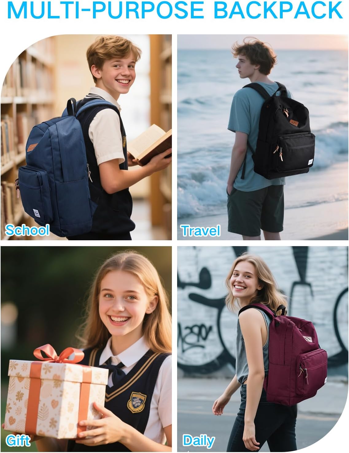 RAVUO School Backpack for Men Women | Classic College Bookbag for 15.6inch Laptop, Water Resistant Casual Daypack Schoolbag for Travel, Work, Black - Image 7