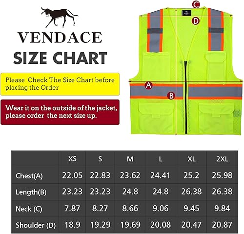 Miniatura 7 de VENDACE Hi Vis - Chaleco de malla reflectante de seguridad para hombre, ANSI Clase 2, chaleco de alta visibilidad con 8 bolsillos y cremallera