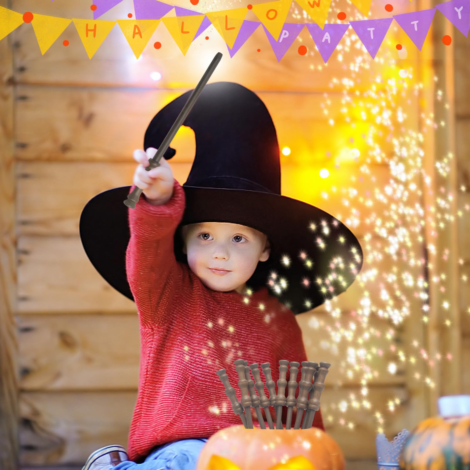 Set 12 Pezzi Bacchette Matita E Occhiali Rotondi Neri Per Feste Cosplay E Halloween - Accessori Maghi