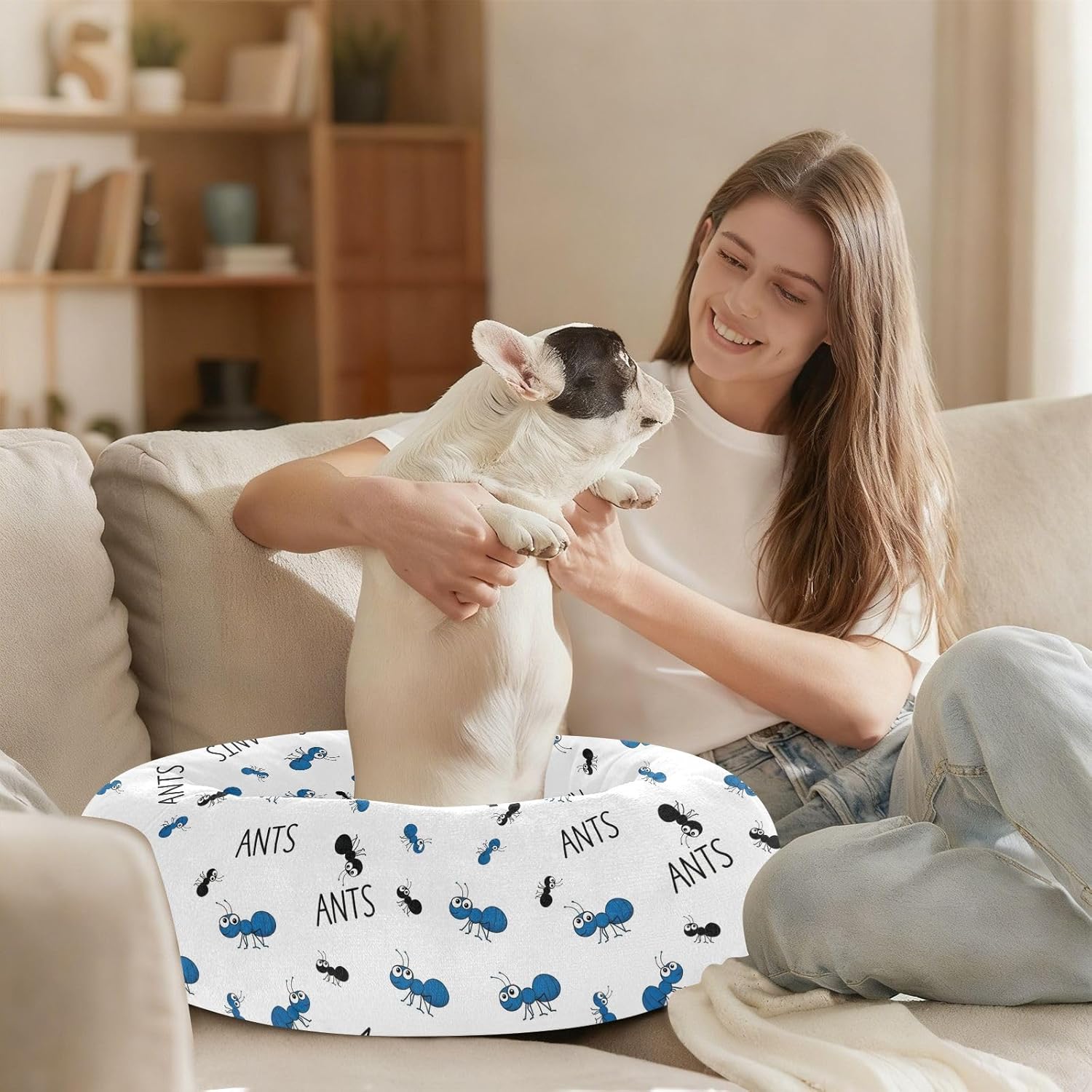 Cute Animal White Pattern Dog Bed Round Donut Washable Puppy Cat Bed Small Pet Medium Dog Beds Mat for Small Medium Dogs Cats,M