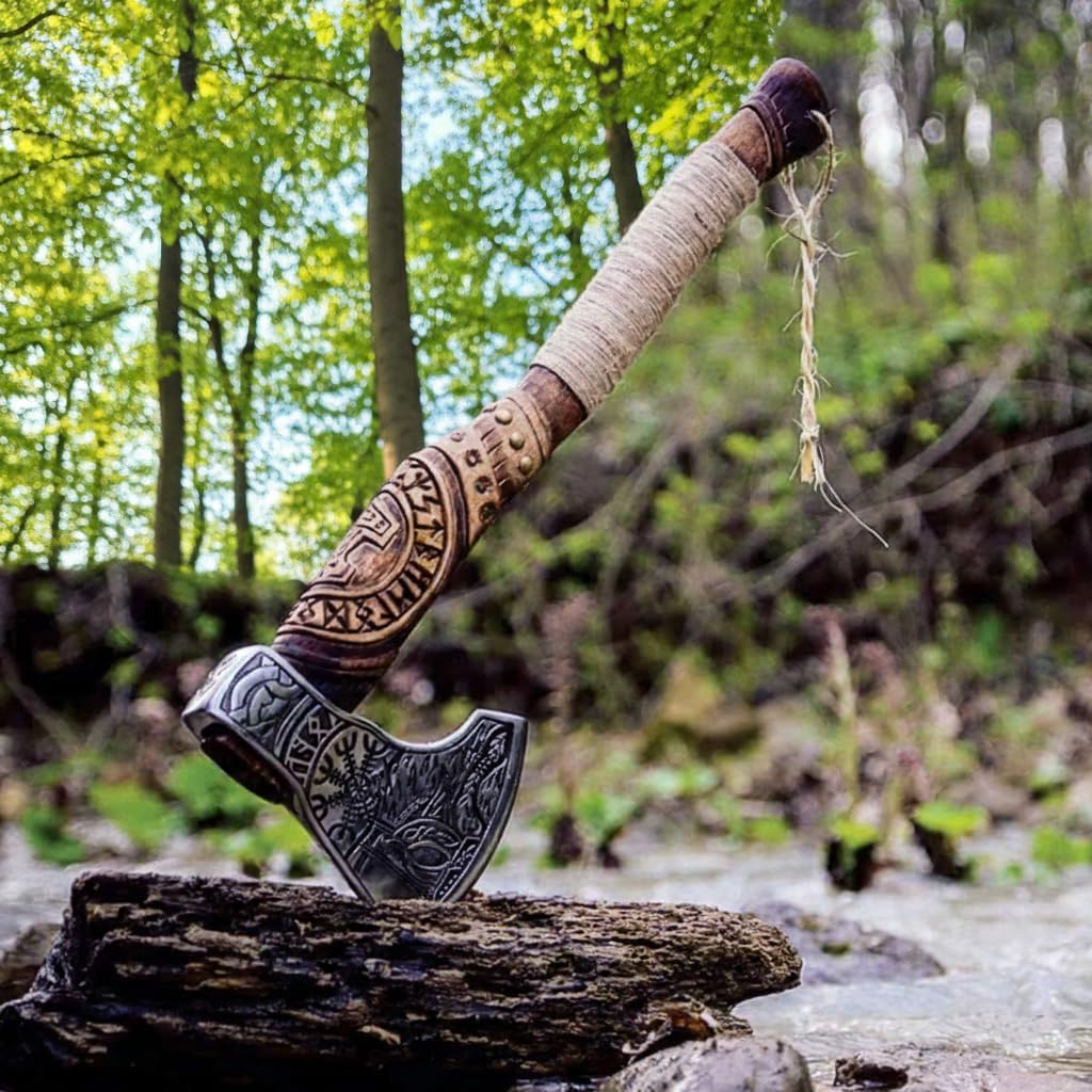 Hand Forged Viking Axe – Carbon Steel Blade with Ash Wood Handle and Leather Sheath, Camping, Hunting, Outdoor Hatchet Valhalla Ax, Medieval Axe, Authentic Norse Axe, Historical Gift for Men