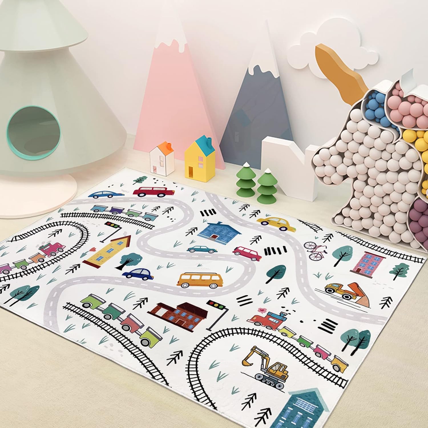 Kids Carpet Play Mat 3x5Ft Cute Car Rug for Boys Girls Town Road Map Educational Area Rug for Kids Playroom Bedroom Nonslip Vehicle Track Classroom Rug for Indoor Outdoor Decor 3.3’x5’, White