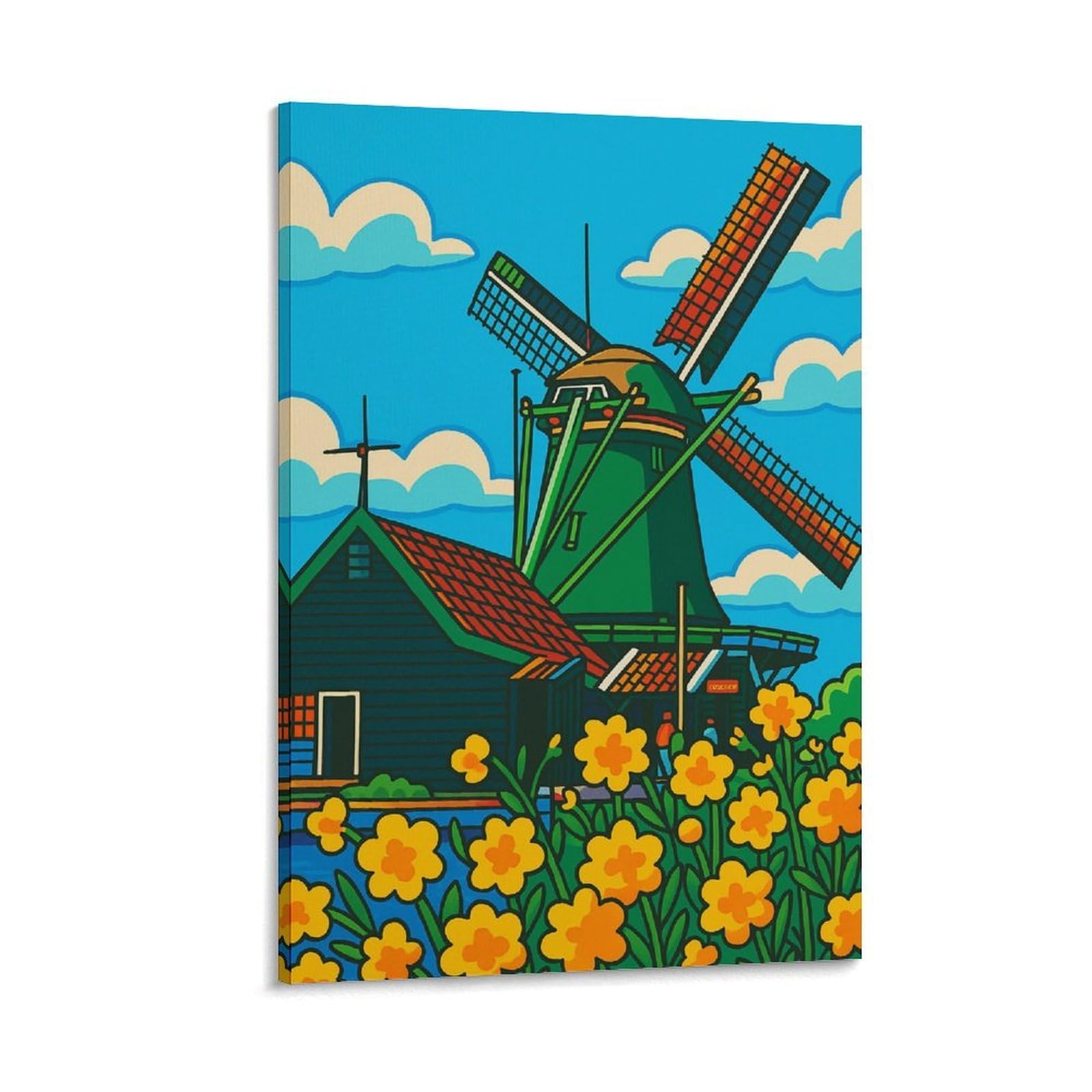 DHBANEIOK Dutch Windmill Scene Poster Artwork Giclee Canvas Prints Modern Wall Art Picture Wall Hanging for Home Decorations 12x18inch(30x45cm)