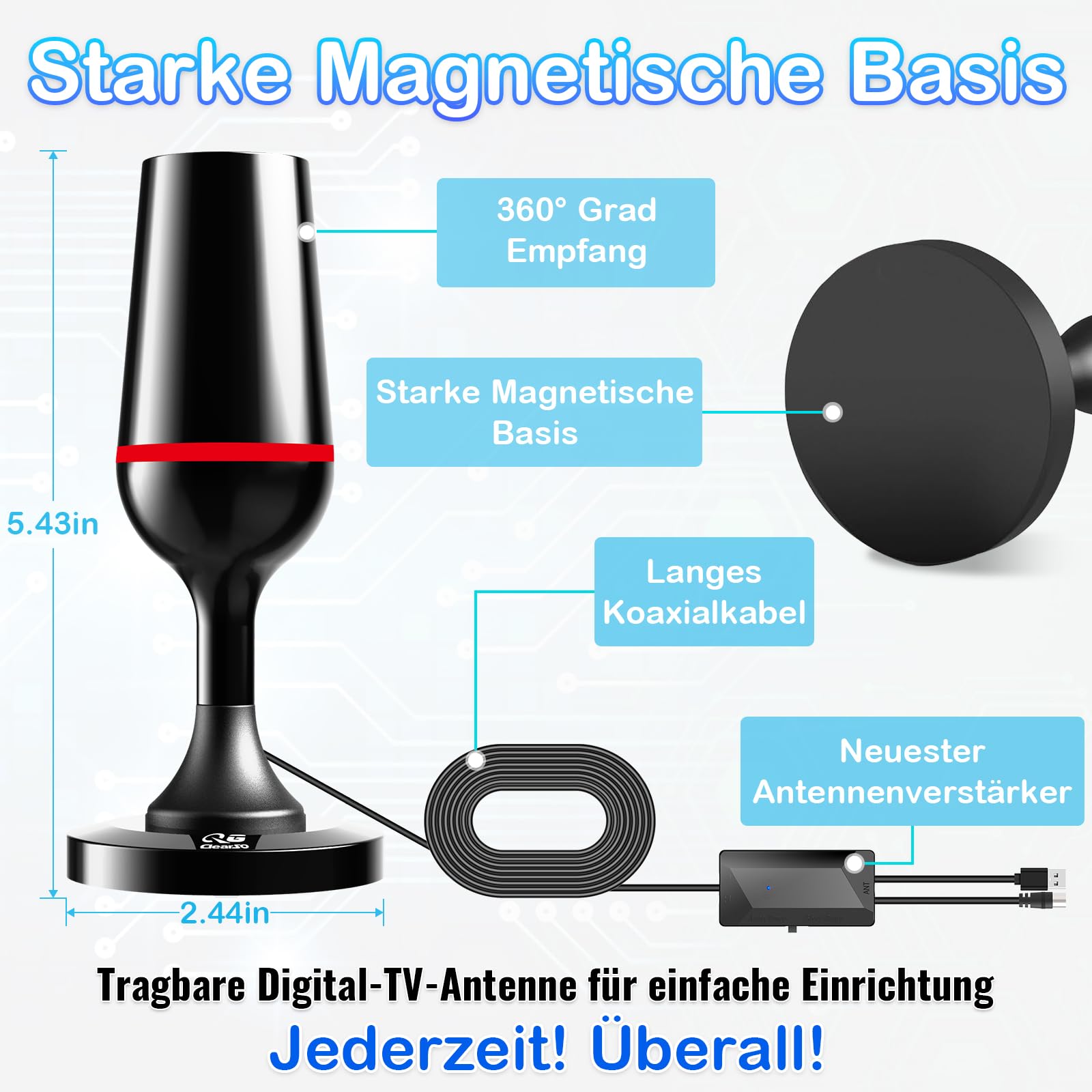 DVB-T/DVB-T2 Antenne mit Verstärker 2026, 450+ KM Reichweite & 360° Empfang, Kompakte Innen Antenne mit Magnetbasis, Geeignet für 4K 1080P & Moderne TV-Geräte