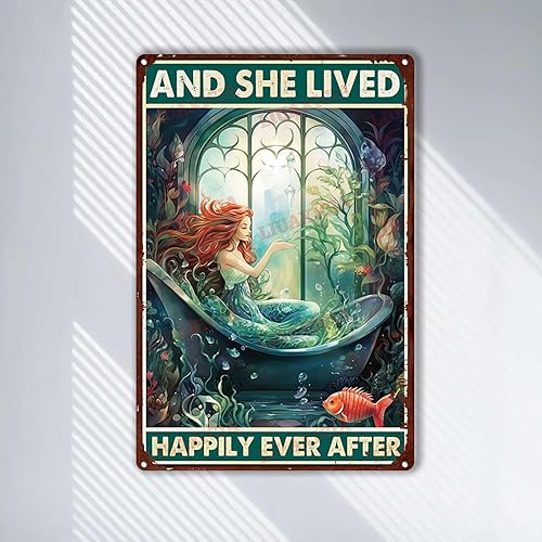 Miniatura 10 de Letrero de metal de estilo retro con diseño de sirena y ella vivió felices para siempre, decoración de pared, 12 x 16 pulgadas
