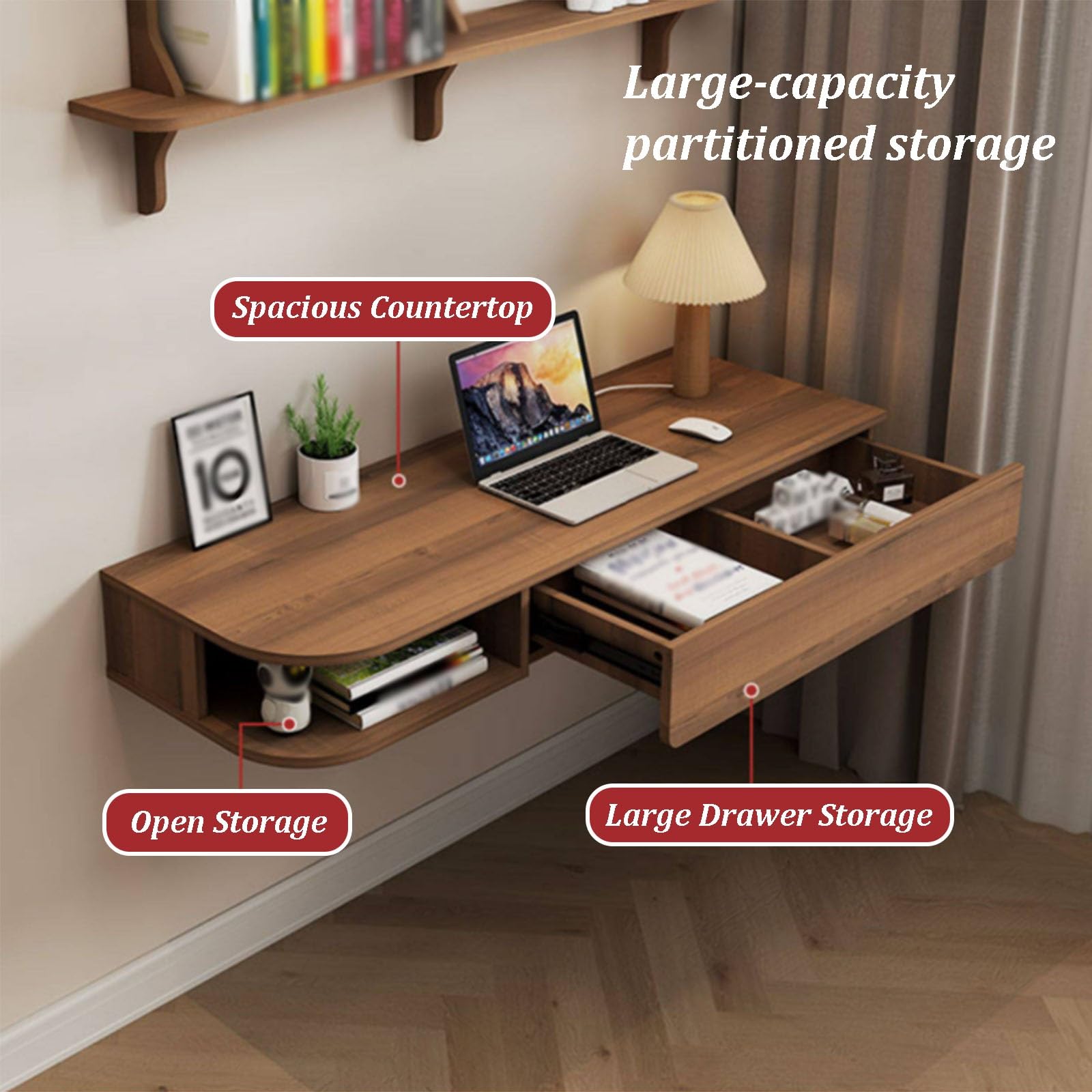 Coiffeuse Suspendue, Table De Maquillage Murale avec Tiroirs Et Plan De Travail Spacieux, Angles Arrondis, Bureau Multifonction pour Ordinateur Portable, pour Chambre(D,80cm)