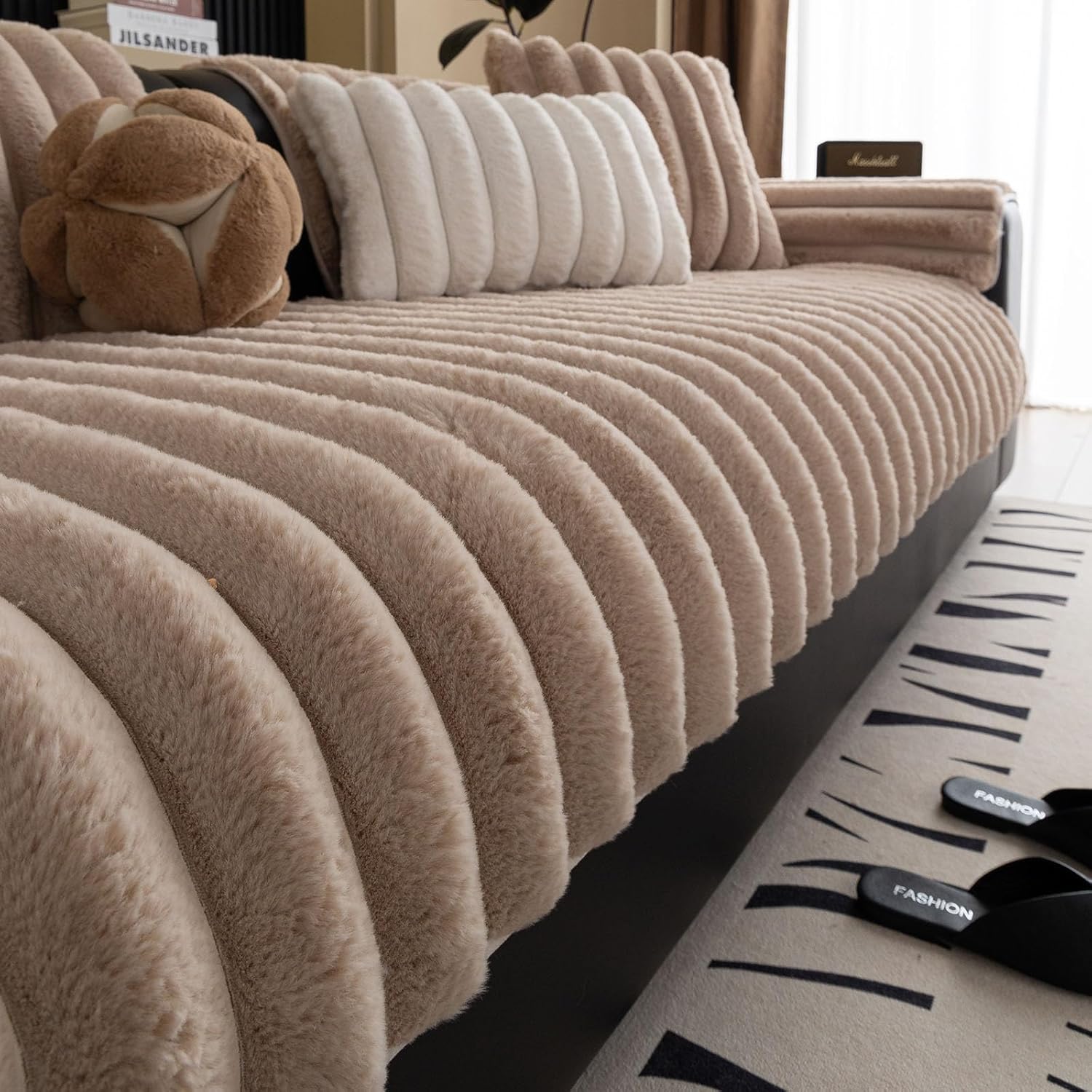 Faux Rabbit Fur Couch Sofa Cover Washable, Shaggy Fuzzy Sectional Couch Cover, Stripe Non-Slip Soft Plush Sofa Slipcover Furniture Protector for Dogs, Pets (Dark Grey,36"x94")