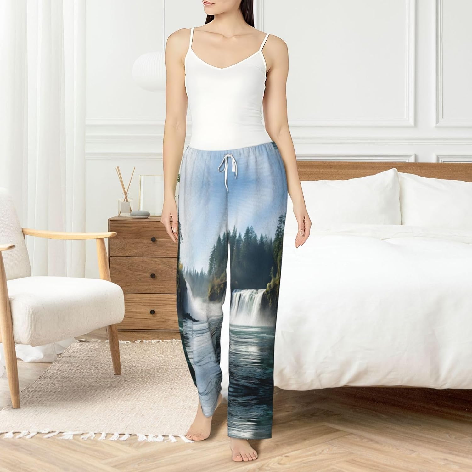 Mountain Waterfall Print Cozy Flannel Pajama Pants For Women,Warm Christmas Pj Pants,Cute Fleece Pajamas