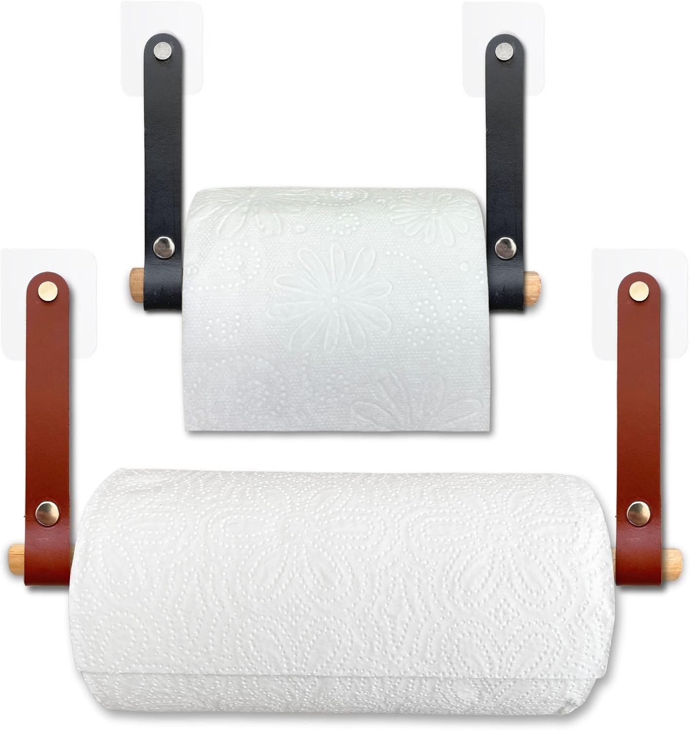 Yapışkanlı Ahşap & Deri Tuvalet Kağıtlığı | Banyo Kağıt Havluluk, Havlu Peçetelik | Wc Kağıtlık, Dolap Altı Kağıt Havlu Askısı (Siyah & Kahve, 2' li Set [Kağıt Havluluk & Tuvalet Kağıtlığı])