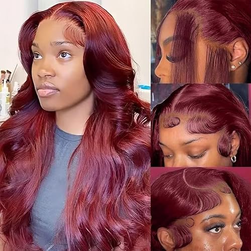Burgundy Lace Front Wigs Human Hair Pre Plucked with Baby Hair Body Wave Lace Frontal Wigs Human Hair for Women 150% Density 13x4 Transparent HD Brazilian Virgin (26inch)
