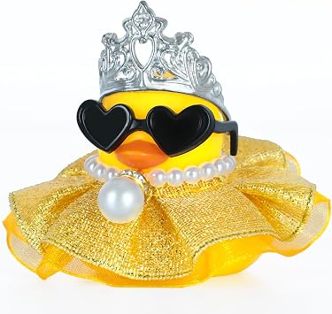 Rubber Duck with Golden Glitter Dress,Squeaky Duck for Jeep Ducking Car Dashboard Decoration with Pearl Necklace,Crown and Heart-Shaped Sunglasses