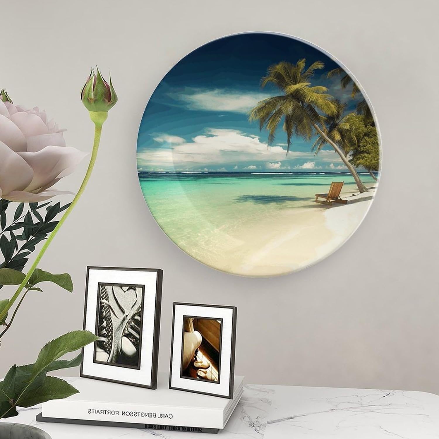 Tropical Holidays Bone China Decorative Plate with Display Stand, Ceramic Ornaments Plate for Wall Hanging, Personalized Porcelain Plates for Office, Living Room 8inch