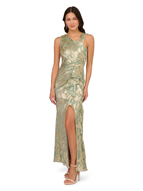 Adrianna Papell Foil Asymmetric Gown Sage/Gold 10 by Adrianna Papell - Used condition - US$179.10