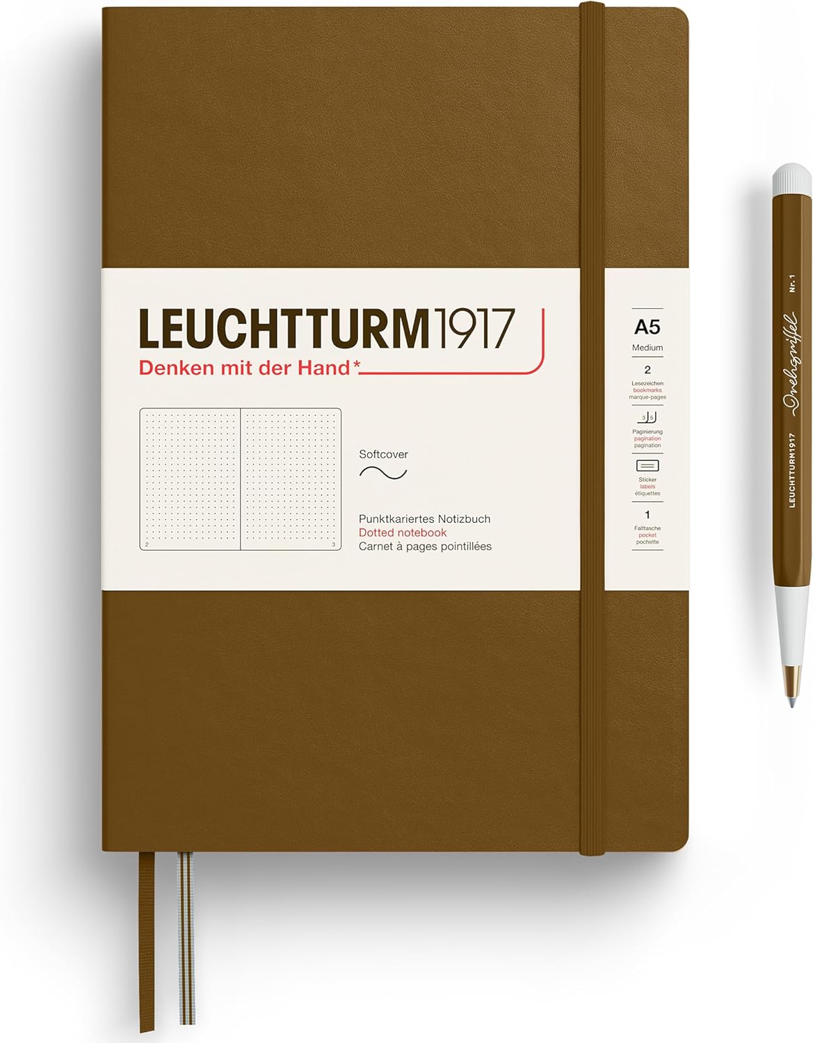 LEUCHTTURM1917 - Notebook Softcover Medium A5-123 Numbered Pages for Writing and Journaling - Thinking Ahead (Dotted Paper, Spice Brown)