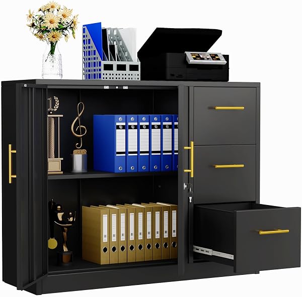 pozdeg Lateral File Cabinet with 3 Drawers, Metal Filing Storage Cabinet with Lockable, Multi-Functional Accent Cabinet