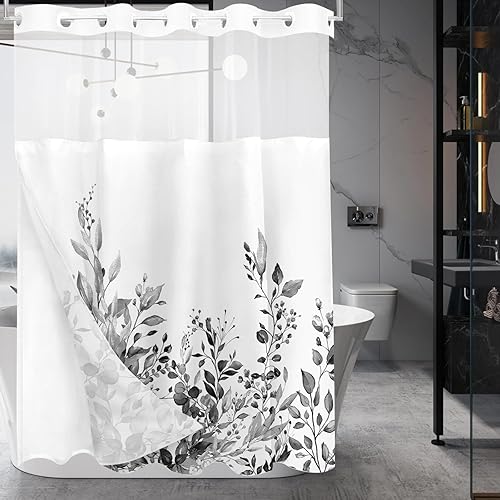 Vista 357 de Tititex - Juego de cortinas de ducha de eucalipto verde oliva, hojas de acuarela en la parte superior con decoración floral de baño, 60 x 72 Hojas