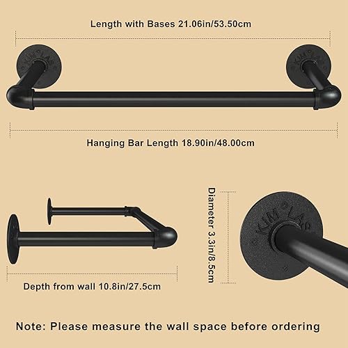 Miniatura 6 de Perchero de pared de 21.06 pulgadas, perchero industrial para montaje en pared, perchero de hierro resistente, barra colgante multiusos ahorradora