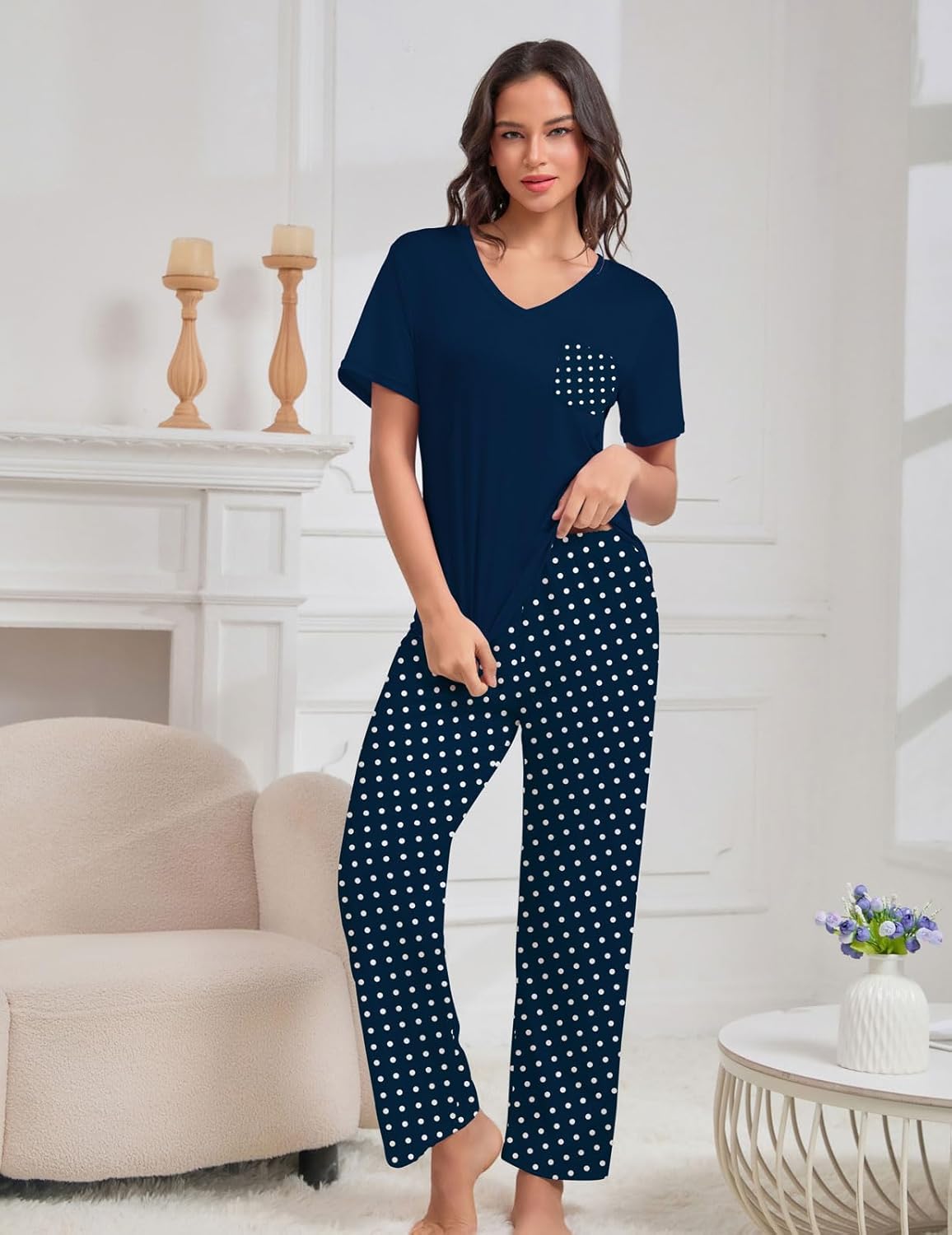 Pajama Sets for Women Two-Piece Lounge Set Short Sleeve Tops and Long Pants Soft Pjs Sleepwear S-XXXL - Image 6