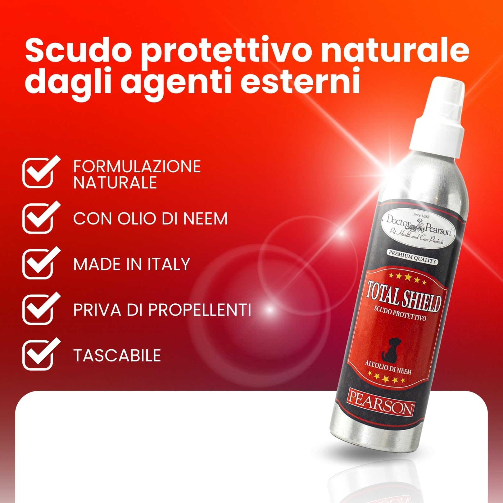 Pearson Total Shild Spray Huile de Neem pour chiens, Bouclier protecteur naturel à l'huile de Neem pour chats et chiens, flacon pulvérisateur écologique 250 ml, fabriqué en Italie.