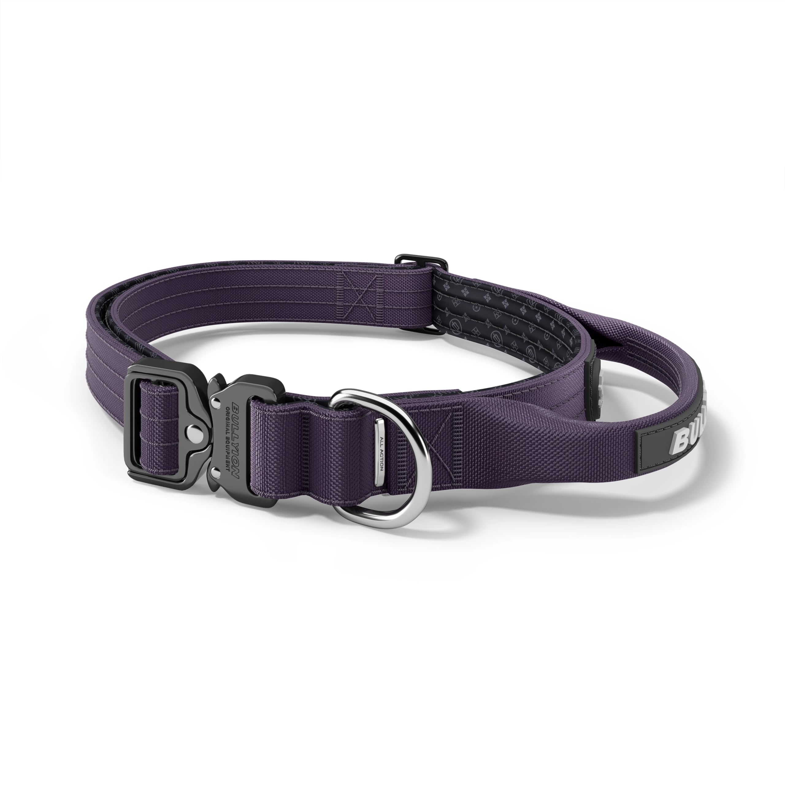 Bullyion ® Original Equipment Tactical Dog Collar with Handle, Heavy-Duty Adjustable Collar - Metal Buckle with D-Ring, Padded Lining, Nylon Dog Collar for Dogs & Puppies - 2.5 Cm - Windsor Purple