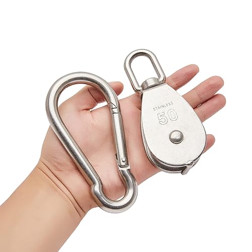 Vista 31 de 2 unidades de acero inoxidable 304 M32 de un solo bloque de polea, cuerda de alambre colgante de alambre de remolque, con 2 ganchos de resorte