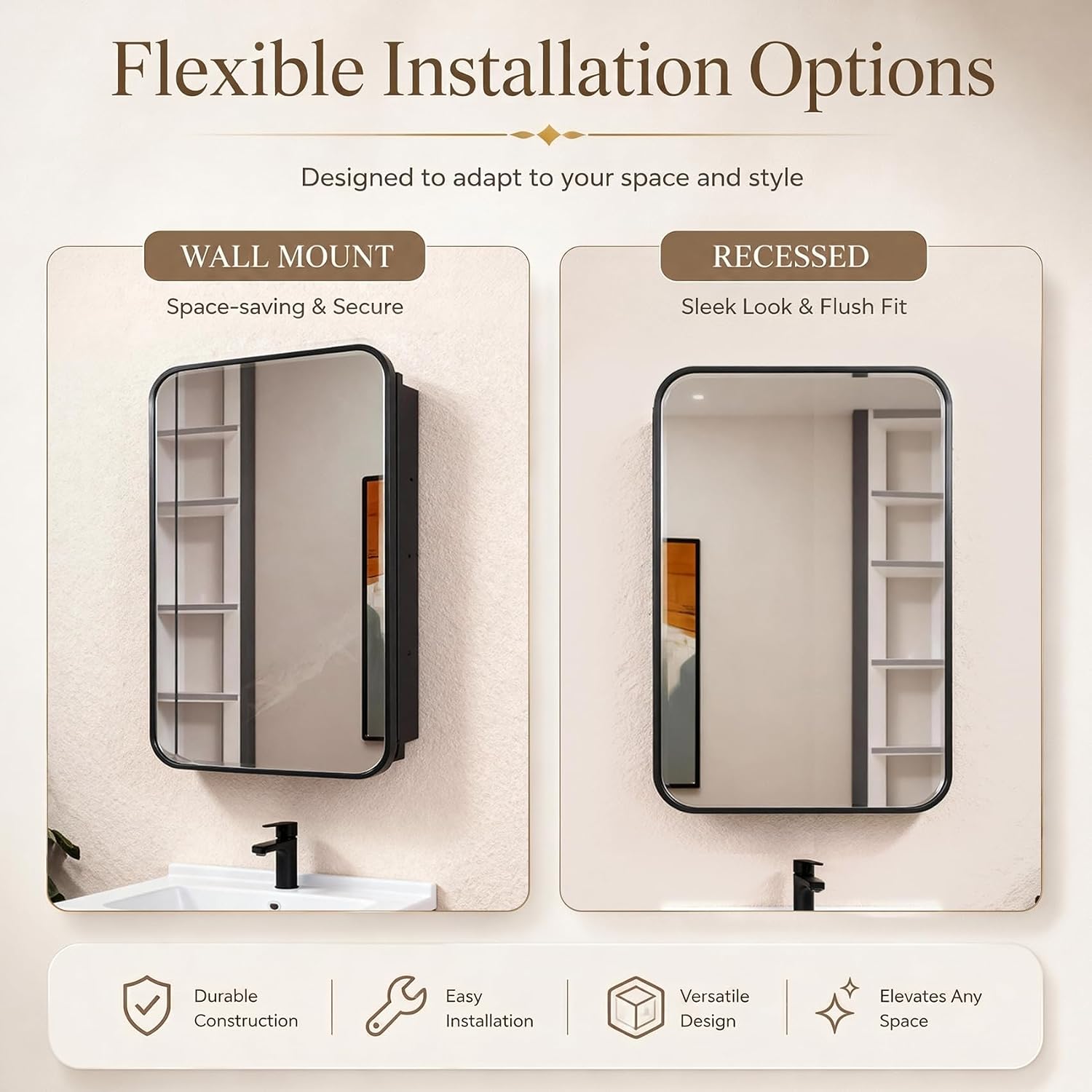 Black Medicine Cabinet, 18x26.5 Inch Metal Framed Mirror, Fully Assembled Recessed or Wall Mount Wood Cabinet with 2 Storage Shelves, Fully Assembled