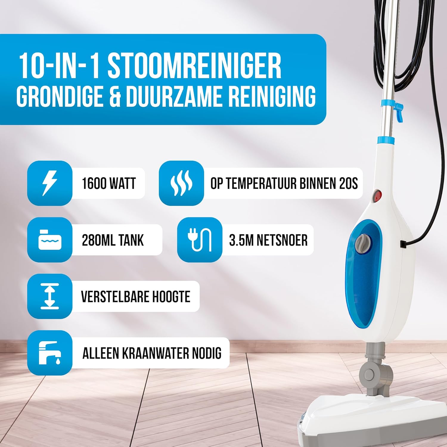 Infographic showing Strex Steam Cleaner features: 1600W, 20s heat-up, 280ml tank, 3.5m cord, adjustable height, tap water only.