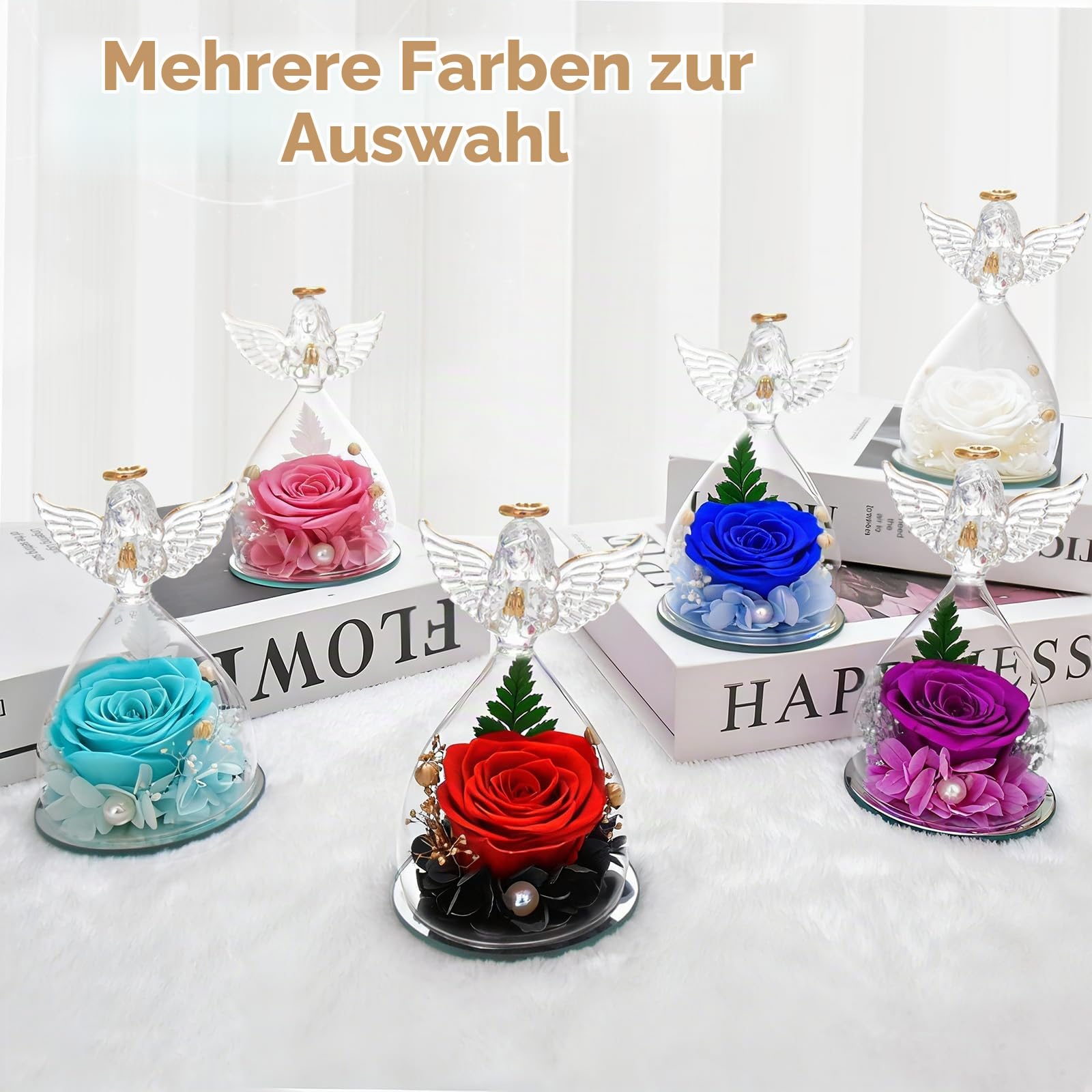 Ewige Rosen-Engel Figur mit Glasglocke, Geschenk Valentinstag für Frauen, Mama, Freundin, Echte haltbare Rose Hält 3-5 Jahre, Geschenk für Weihnachten Valentinstag Geburtstag (Champagner)