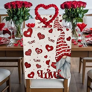 Chair Back Covers Set of 1, Valentine Gnome Romantic Love Dining Room Chair Cover Washable Removable Slipcover, Red Heart Vintage Linen Chairs Protector for Kitchen Hotel Party