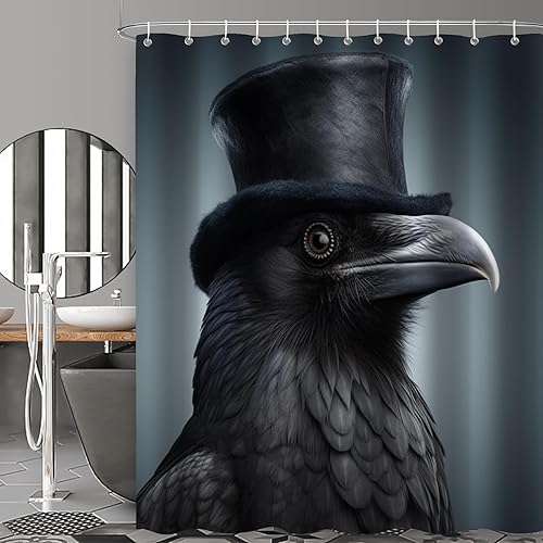 Miniatura 2 de Cortina de ducha de cuervo con sombrero negro para baño, juego de cortina de ducha estilo bohemio con diseño de pájaro hippie, tela divertida,