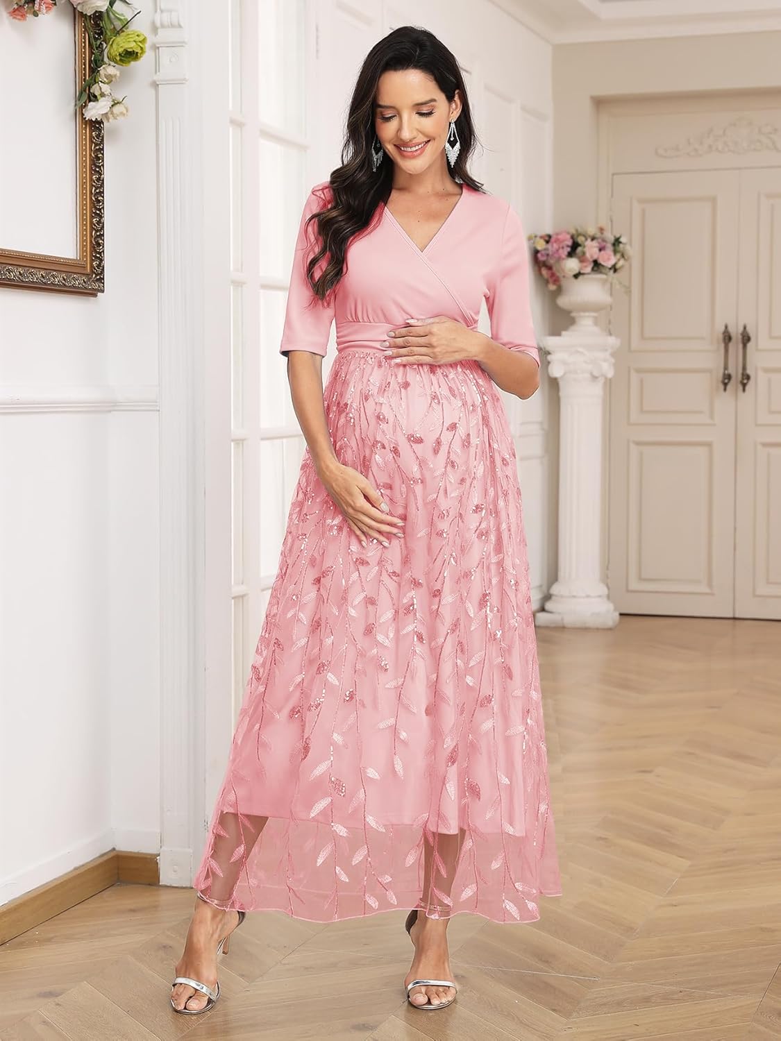 AISWI Maternity Dress Wrap V Neck A Line Elbow Sleeve Baby Shower Pregnancy Dresses for Photoshoot 2025